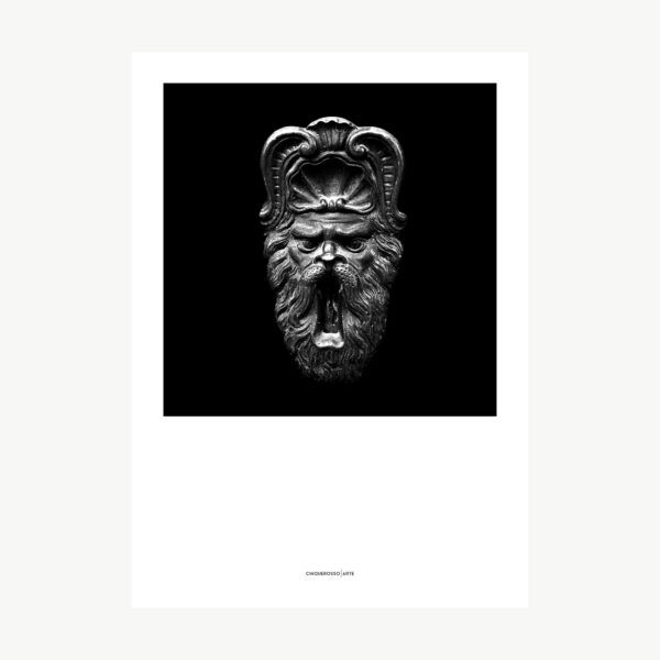 poster depicting a lion-shaped knocker in black and white on a black background
