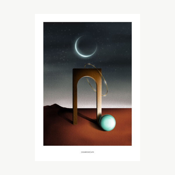 disegno futuristico futuro distopico arco in uno sfondo arido con uno spicchio di luna