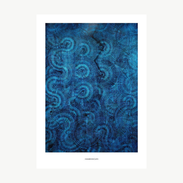artwork in mixed media with electric blue and black round motifs