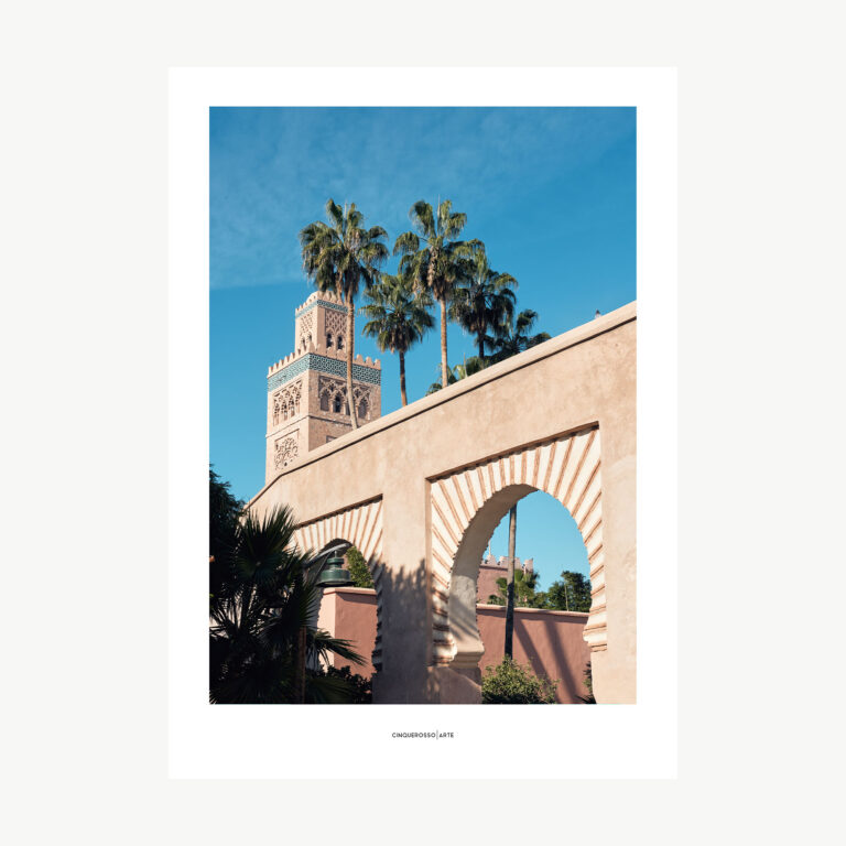 photographic work depicting one side of a white marbo mosque and tall green palms