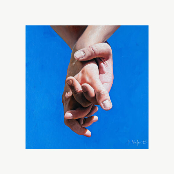 hands intertwined blue background