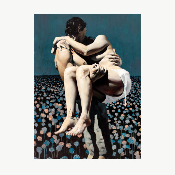 opera pittorica raffigurante una coppia abbracciata, sullo sfpndp un campo di fiori